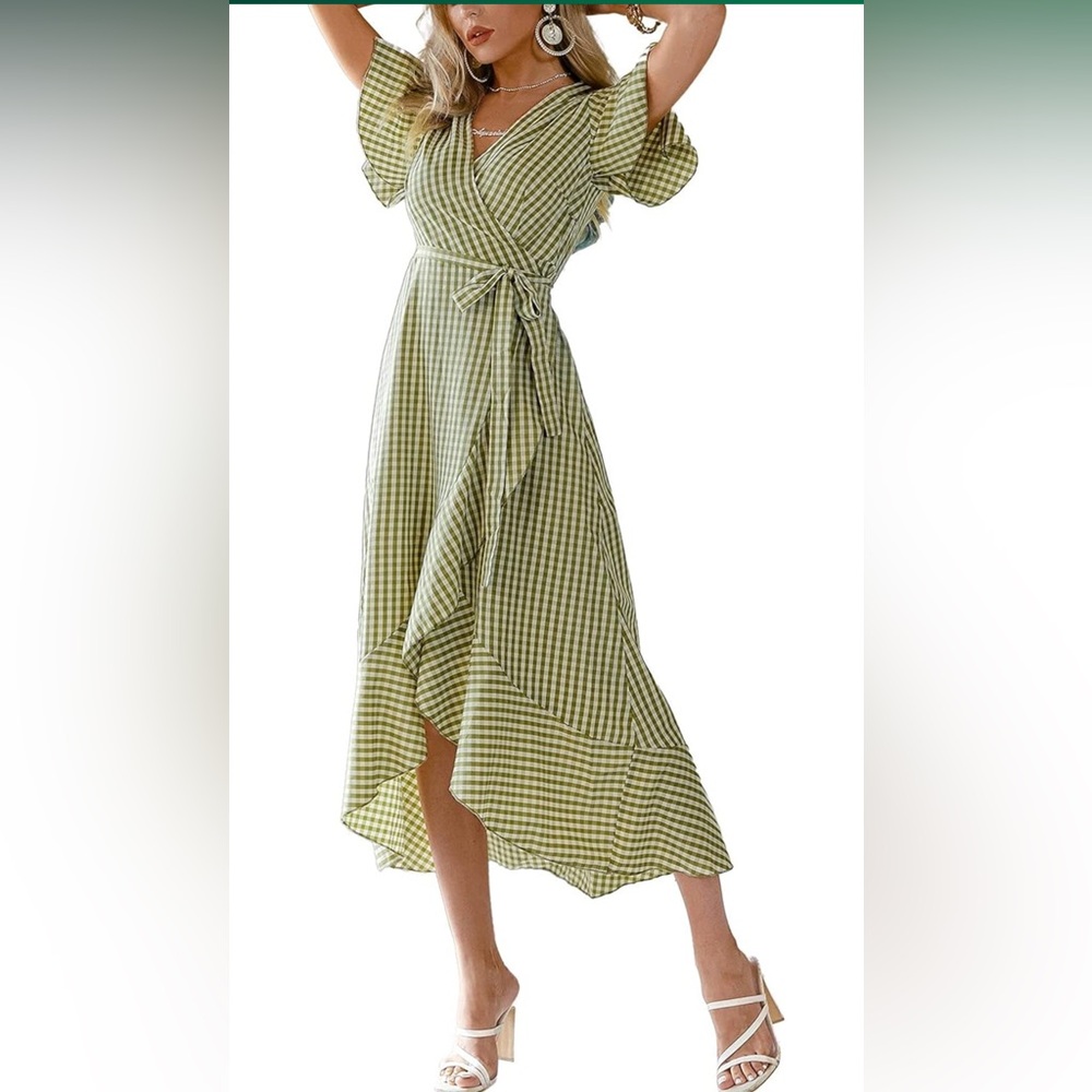 Green Gingham Wrap Dress